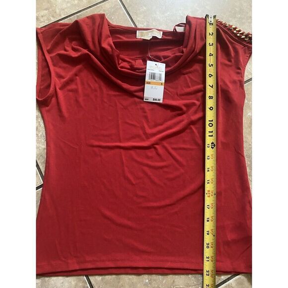 NWT Michael Kors S Jersey Red Boat Neck Blouse Metal Accent - Picture 3 of 5